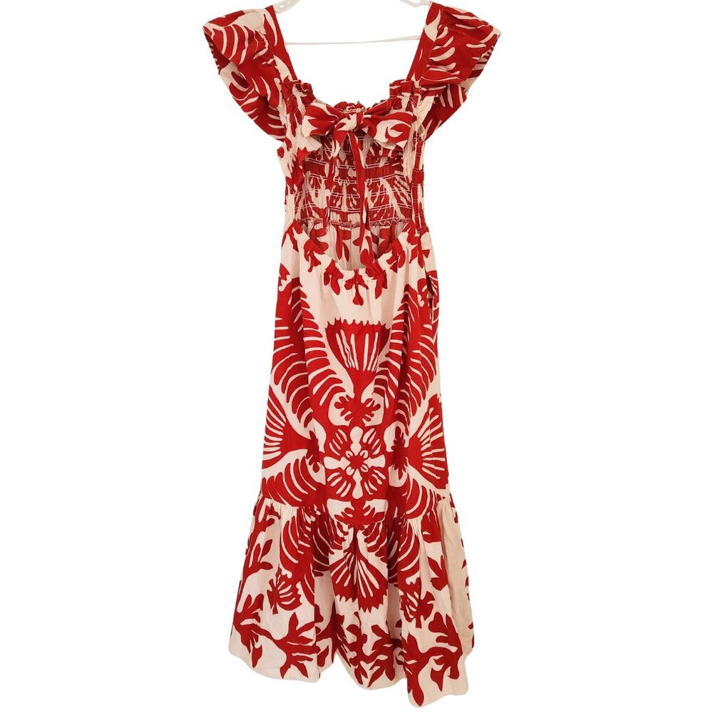 SEA‎ NY Maxi Dress Henrietta Ruby Red White Floral Smocked Bow Cutout Back Sz M - Picture 5 of 11